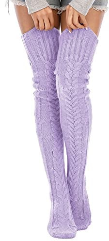 YELAIVP Damen Zopfmuster Oberschenkelhohe Socken Overknee Socken Extra Lange Beinstulpen, hellviolett, Einheitsgröße
