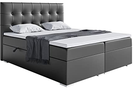 MEBLINI Boxspringbett mit Bettkasten - Gepolstert Doppelbett mit Matratze und Topper - Polsterbett mit Stauraum - Bett mit Kopfteil - Stauraumbett - Deniz - 180x200 - H3/Schwarz Kunstleder