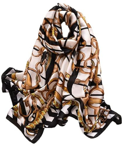 Stunning silk scarf! For formal and informal wear. Makes any outfit 'stand out'. White background with black and gold chain link design. 190cmx80cm