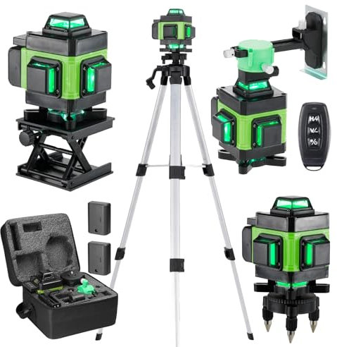 Laser lever with Tripod, Weytoll 4 x 360° 16 Line Self-Leveling Green Laser Line 25m with 2 * 2400mAh Batteries, Wall Mount Bracket, Remote Control