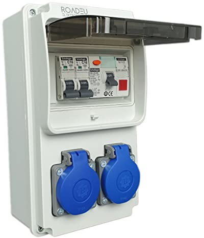 RoadEu Stromverteiler 230V, 2x Schuko Steckdose, Leuchtmelder Signalleuchte LED Rot, Steckdosenverteiler mit Fi Schutzschalter 25A typ A/AC, 2x LS C16A. Baustromverteiler IP44.