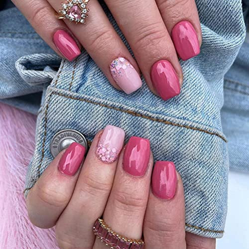 Ceboic 24Pcs Square Short False Nails Nude and Pink Press on Nails French Tips Removable Glue on Nails Glitter Acrylic Full Cover Fake Nails for Women Girls Nail Art, Pink & Nude, 1, 1.0 millilitre