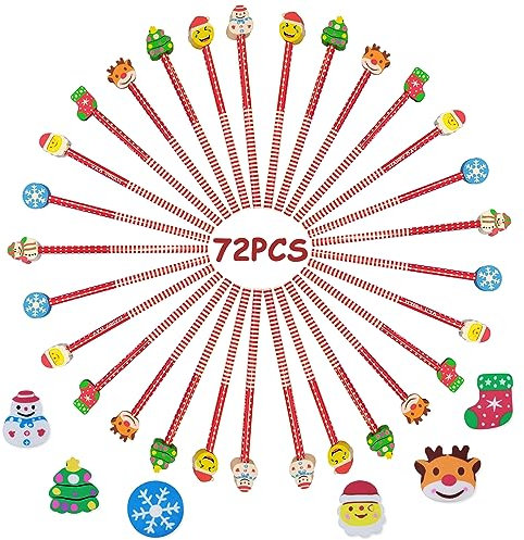 HautStore 72 Stücke Schule HB Weihnachts Bleistifte Set, Cartoon Holzbleistifte Weihnachtsbleistifte, Weihnachtsstifte mit Weihnachtsmuster Radiergummis, Bleistifte mit Radiergummis Mitgebsel