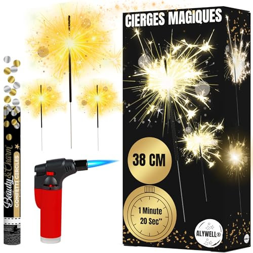 60 Cierges Magiques Mariage Large 38cm - Durée 1 Minute 20 | Cierge Magique + 1 Canon À Confettis Mariage 40 Cm + 1 Chalumeau Cierge Mariage | Batons Scintillants Mariage | Bougies Etincelles |F1