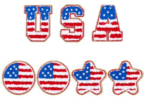 GOMAKERER 5pz Toppe con Bandiera Americana In Ciniglia, Lettere Termoadesive In Ciniglia Toppe Ricamate In Ciniglia con Stella USA Toppe con Lettere Universitarie per Giacca Zaini Jeans Cappelli