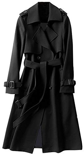 EMUKFD Trench lungo da donna con cintura leggero doppiopetto spolverino trench 2023 cappotto alla moda classico capispalla colletto con risvolto giacca a vento cappotto invernale autunno, Nero , XL