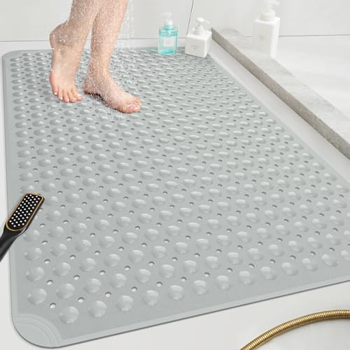 OTHWAY Extra Large Shower Mat 47x 32, TPE Non Slip Shower Mat for Shower Stall, Inside Walk in Shower Mats with Drain Holes Suction Cups, Anti-Slip for Elderly Kids (Dark Grey)