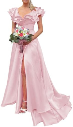 Layered Satin Prom Dress with Slit A Line Bridesmaid Dresses for Women Formal Evening Party Gown with Pockets, rose, 56