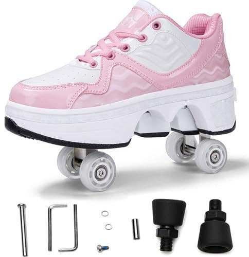 Erwachsene Kinder Deformation Roller Skate Schuhe Doppelreihige Wanderschuhe mit unsichtbaren Rädern 2 in 1 Abnehmbare Riemenscheibe Parkour Skating,Pink-34