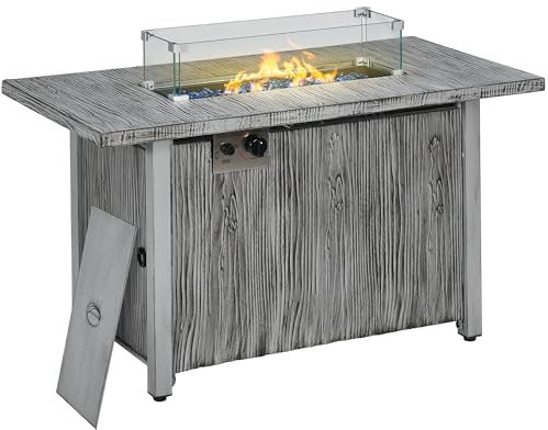 Outsunny Propane Gas Fire Pit Table for Garden, 50000 BTU Smokeless Firepit Outdoor Patio Heater with Waterproof Cover, Glass Screen, Glass Beads and Lid, Wood Effect, 109 x 56 x 63cm, Grey
