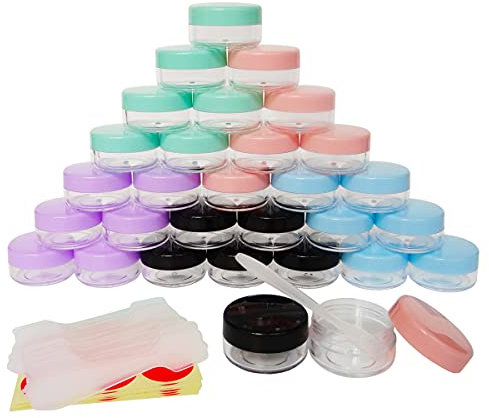Wopanxye 30pcs 10ml Small Sample Jars, 10g Empty Refillable Cosmetic Container, Plastic Round Pot Multi-color Screw Cap, 10g Travel Bottles for Makeup Eye-shadow Nails Lip Balms, Free 30x Spatulas
