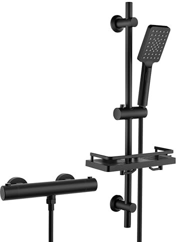 Görbach Columna Ducha Termostático con Barra de Ducha Acero inoxidable, Estante de Ducha, Grifo Mezclador, DS1208 negro mate