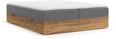 maison de reve - Boxspringbett FARO 200x200 cm, mit Bettkasten, H3 Taschen Matratze (20 cm hoch), PU-Topper mit Algae Bezug, Webstoff, Grau Farbe