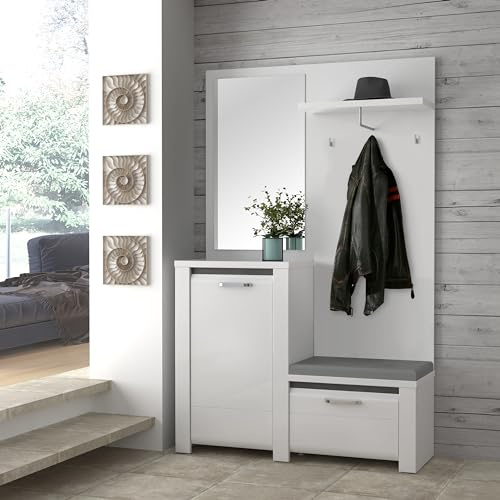 Forte BRUGIA Garderobenset 120 130, Modernes Garderobenset mit 2 Türen, Garderobenschrank Weiß, Holzwerkstoff, Betonoptik Dunkelgrau/Weiß Hochglanz, 124,8 cm breit x 200 cm hoch x 41,9 cm tief