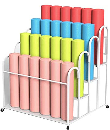 Großes Yogamatten-Aufbewahrungsregal mit Rädern, Yogamattenhalter aus Metall, Rollwagen für den Home-Gym-Organizer, Yogamatten-Aufbewahrungsregal mit großer Kapazität für Yogamatten/Weiß
