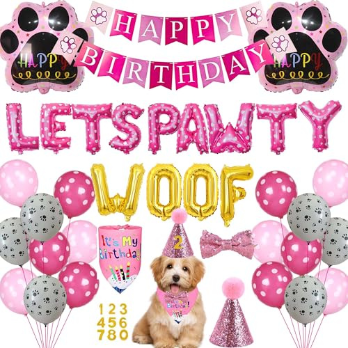 Dog Party Decorations Balloons Banner - 38 Pcs Happy Birthday Set | Woof Lets Pawty letter Balloon It's My Birthday Bandana Number Hat Bowtie Cake Toy Pink Puppy Supplies