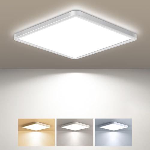 zemty Deckenlampe LED Deckenleuchte Flach, 3Farben - 3000K/4000K/6500K, IP44 Wasserfest Quadrat Badlampe Decke, 2100LM Modern LED Decklit für Flur küche Badezimmer Schlafzimmer Büro, Ø22CM