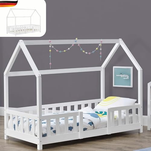 DELUKE® Kinderbett 80x160 cm LULO - Inkl. Lattenrost, Rausfallschutz | Einzelbett Hausbett Kinderzimmer Bodenbett Kinder Bett Klein Montessori Bett | Weiß