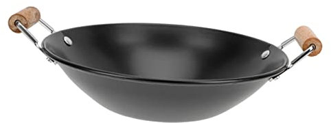 Garneck plancha de acero inoxidable sartenes antiadherentes bateria de cocina sartenes wok olla buen wok para cocinar paella paellera wok metalico doble asa cocinar wok de madera Black