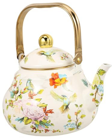 Ciieeo Théière En Émail 1,5 l Forme Poire Avec Anse Dorée Motif Floral, Bouilloire Émaillée Vintage, Rétention De Chaleur, La Cuisine Petite Et Usage Quotidien