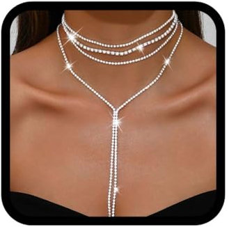 Reaky Strass-Halsketten, silberfarbene mehrreihige Halskette, Kristall-Halskette, Ketten, Hochzeits-Accessoires für Damen