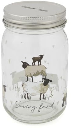 Cooksmart Highland Sheep Glas-Spardose | Britisches Design mit Metall-Schraubdeckel | Rustikaler Schaf- und Naturdruck | dekoratives Münzglas mit Geldschlitz | stilvolles Bauernhaus-Accessoire