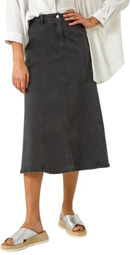 Roman Originals Cotton Denim Panelled Midi Skirt for Women UK - Ladies Everyday Autumn Winter Comfy Soft Evening Vacation Work Party Night Out - Black - Size 14