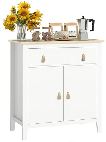 HOMCOM Aparador de 2 Puertas Aparador de Salón Moderno con Cajón Estante Ajustable y Tiradores de PU Mueble Auxiliar para Comedor Pasillo 80x40x90 cm Blanco y Roble