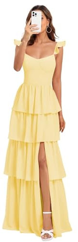 kopptioo Sweetheart Bridesmaid Dress Tiered Chiffon A Line Corset Prom Dresses Long with Slit Ruched Formal Party Evening Gowns Yellow Size UK8
