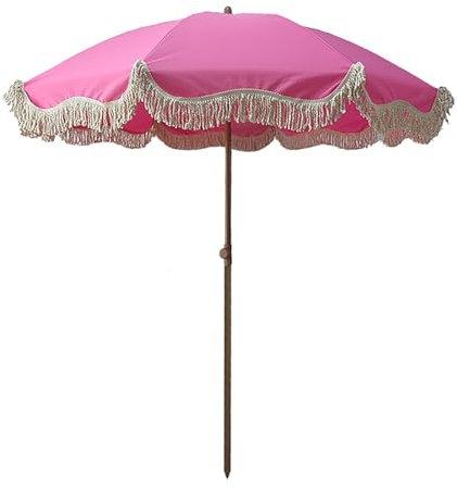 Parasol de plage avec frange, protection UV, parasol d'extérieur pour piscine et balcon, parasol rond réglable en hauteur (rose et blanc), rose, blanc
