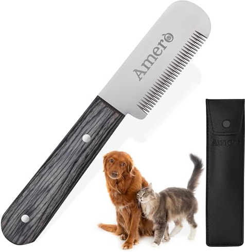AmerÒ Dog Stripping Knife – Right Handed Grooming Tool for Dogs, Ergonomic Wooden Handle, Hand Stripping Knife for Border Terrier & Wire Coat Grooming – Durable & Precise (Black)