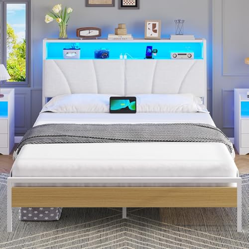 Brinlawb Bett 120x200 cm mit LED Beleuchtung und Ladestation (2 AC-Steckdosen, USB-A, USB-C) Bettgestell Jugendbett 120x200 cm mit gepolstertem Kopfteil und 2 offenen Regalen, robustes Metallbett Weiß