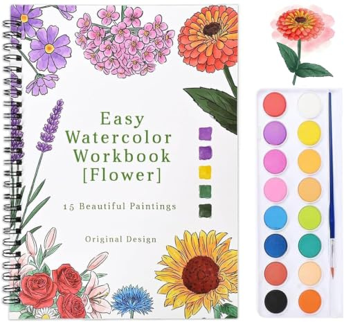 Aquarell Arbeitsbuch mit16 Farben & Pinsel,15 Motiven Blume-Aquarell Malbuch für Erwachsene Anfänger,Aquarellfarben Set für Künstler und Bastler