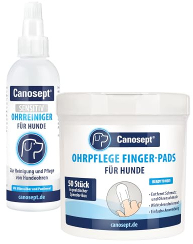 Canosept Ohrpflege Set: Sensitiv Ohrenreiniger Hund 75ml + Ohrpflege Finger-Pads für Hunde 50 Stück - Ohrreiniger für Hunde, Hunde Ohrenreiniger, Ohrentropfen für Hunde