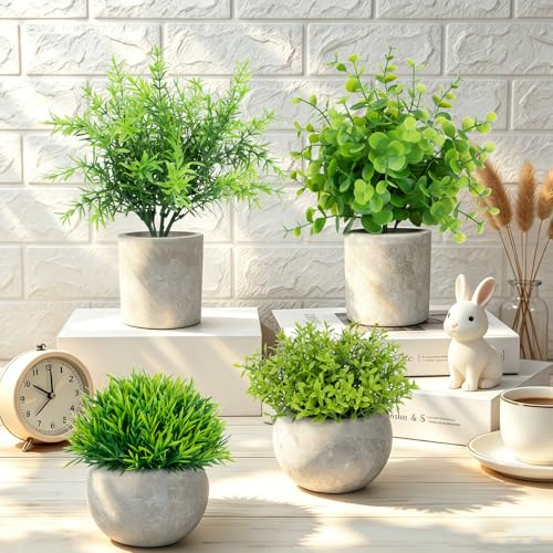 4 Stück Künstliche Pflanzen, Kunstpflanze Klein Wie Echt für Küche Deko | Kunstpflanzen im Topf Eukalyptus Pflegefreie, Artificial Plants für Badezimmer Fensterbank Innen Wohnzimmer Tisch Deko