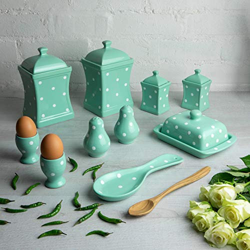 City to Cottage® - Keramik Geschirr Set 10-teilig | Türkis und Weiß | Polka Dots | Handgemacht | Behälter Küche, Butterdose, Eierbecher, Salzstreuer und Pfefferstreuer, Löffelablage