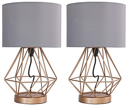MiniSun | Modern Copper Metal Basket Touch Table Lamps with Grey Shades | Table Lamps, Home Décor & Improvement Essential | Set of 2