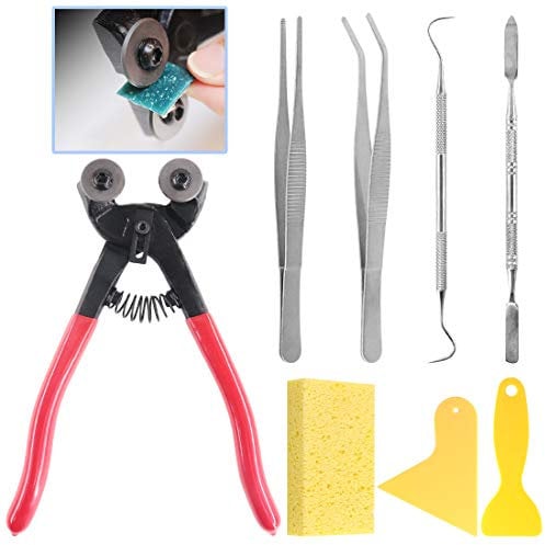 Glarks 8 Pieces Mosaic Tools Set, Heavy Duty Double Wheeled Glass Mosaic Tile Cut Nippers with Scrapers, Tweezers, Double-Ended Hook, Spatula, Sponge