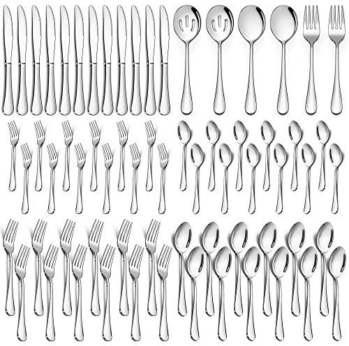 LIANYU 66-teiliges Besteckset mit Servierbesteck aus Edelstahl Besteckset für 12 Personen, elegantes Besteckgeschirr inklusive Gabel, Löffel, Messer, hochglanzpoliert, spülmaschinengeeignet