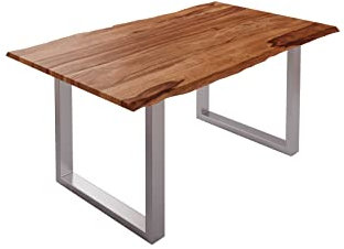 SAM Baumkantentisch 140x80cm Mailand, Sheesham-Holz teakfarben gebeizt, Esstisch mit echter Baumkante, massiver Esszimmertisch mit U-Gestell Silber, Tischplatte 26mm