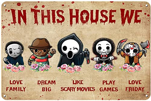 Retro-Metall-Blechschild Horror Movies In This House We Love Family Poster Halloween Figuren Wandkunst, Vintage-Wanddekoration für Zuhause, Bars, Restaurants, Geschenk, 30.5x20.3 cm