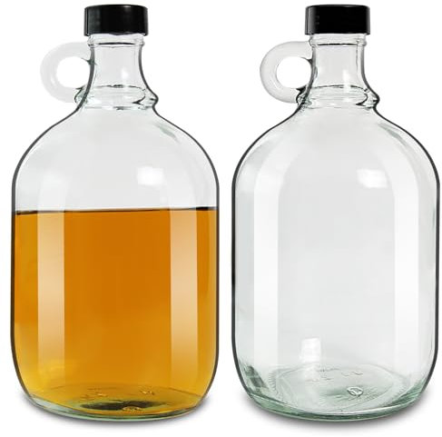 2 Pack 64oz Glass Gallon Growlers with Handle and Black Plastic Lids, Half-Gallon, Gallon Glass Fermenting Jug, 1/2 Gallon Water Jug for Kombucha, Home Brew, Vanilla Extract, Beer, Soda,Cider (Clear)