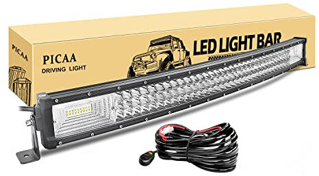 PICAA Led Arbeitsscheinwerfer 32 Zoll 405W Gewolbt Led Lichtbalken 12V Mit Kabelbaum Gewolbt Drei Reihen Led Zusatzscheinwerfer Bar LED Arbeit Licht Bar für SUV Offroad ATV UTV Traktor 4x4 Auto