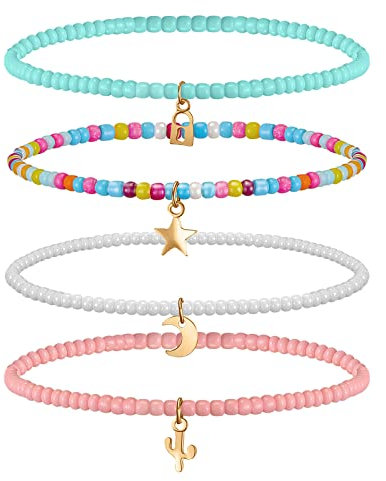 4 Stück Sommer Boho Geschichtet Wulstige Fußkettchen Elastische Bunte Perlen Armband Kette Ästhetische Bohemian Fußketten für Frauen Damen Mädchen Strand Schmuck