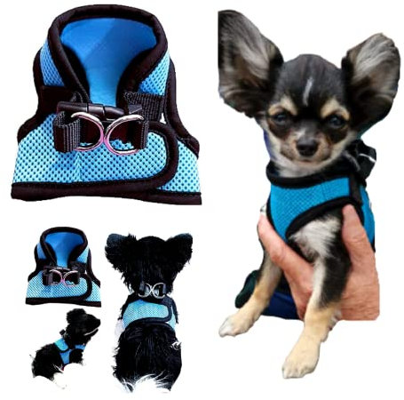 XXXS XXS XS Tiny Toy Teacup Chihuahua Puppy Dog Harness with Mesh Clip for TINY Teacup Miniature Breeds Kitten Yorkie Maltese Terrior Puppy Dogs (XXS - Chest 26-30cm, Blue/Black)