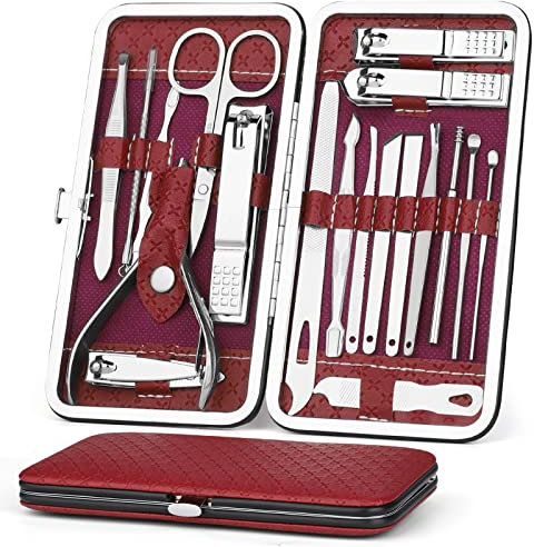 Coolzon Set de Manicura y Pedicura, Kit Manicura de 19 Piezas, Set Manicura, Damas y Hombres, Conjunto Completo con Todo Para el Cuidado de Manos y Pies, Clip de Uñas de Acero Inoxidable,Rojo