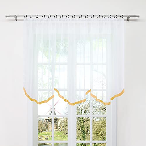 HongYa Gardine Store mit Kräuselband Transparenter Voile Bogenstore Blumenfenster Küche Vorhang mit Satinband H/B 100/400 cm Orange