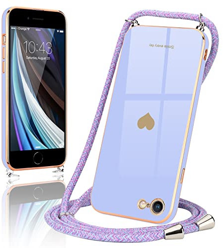 Wirvyuer Handyband Kompatibel mit iPhone SE 2022 Hülle, iPhone 7,iPhone 8,iPhone SE2020 Handyhülle mit Band zum Umhängen Kameraschutz Liebesherz Silikon Schutzhülle für iPhone 7/8/SE2020/SE2022 Lila