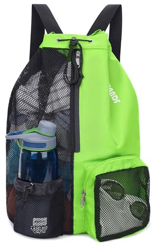 WANDF Swim Bag Mesh Drawstring Backpack with Wet Pocket for Swimming, Gym, and Workout Gear (Green)