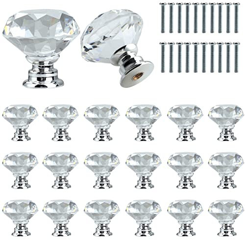 Roellgs 20 Pieces 30mm Clear Crystal Glass Diamond Door Handle with Screws, High Grade Light Luxury Handle Wardrobe Cabinet Drawer Handle Single Hole Handle Home Decor
